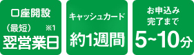 口座開設:翌営業日(最短)、キャッシュカード:5営業日(最短）、待ち時間:なし(*1)